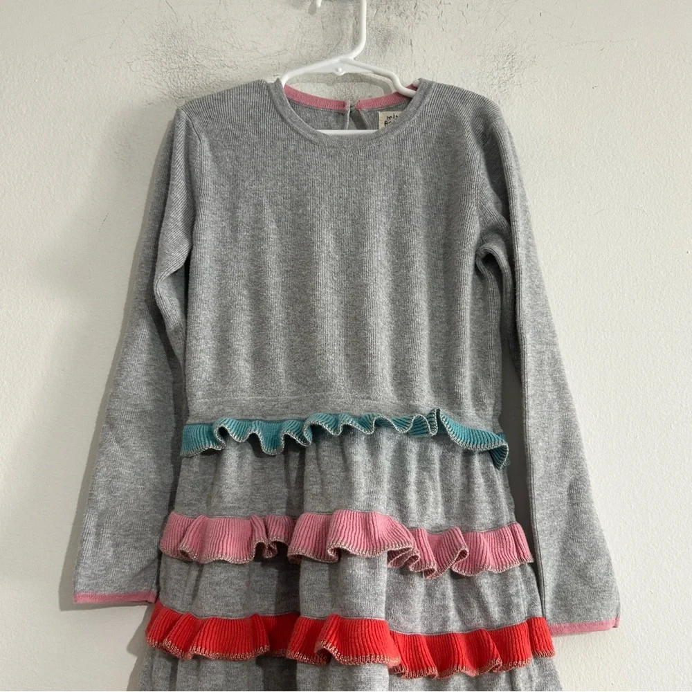 Mini Boden Grey Rainbow Ruffle Tiered Sweater Dress Size 7-8 Years